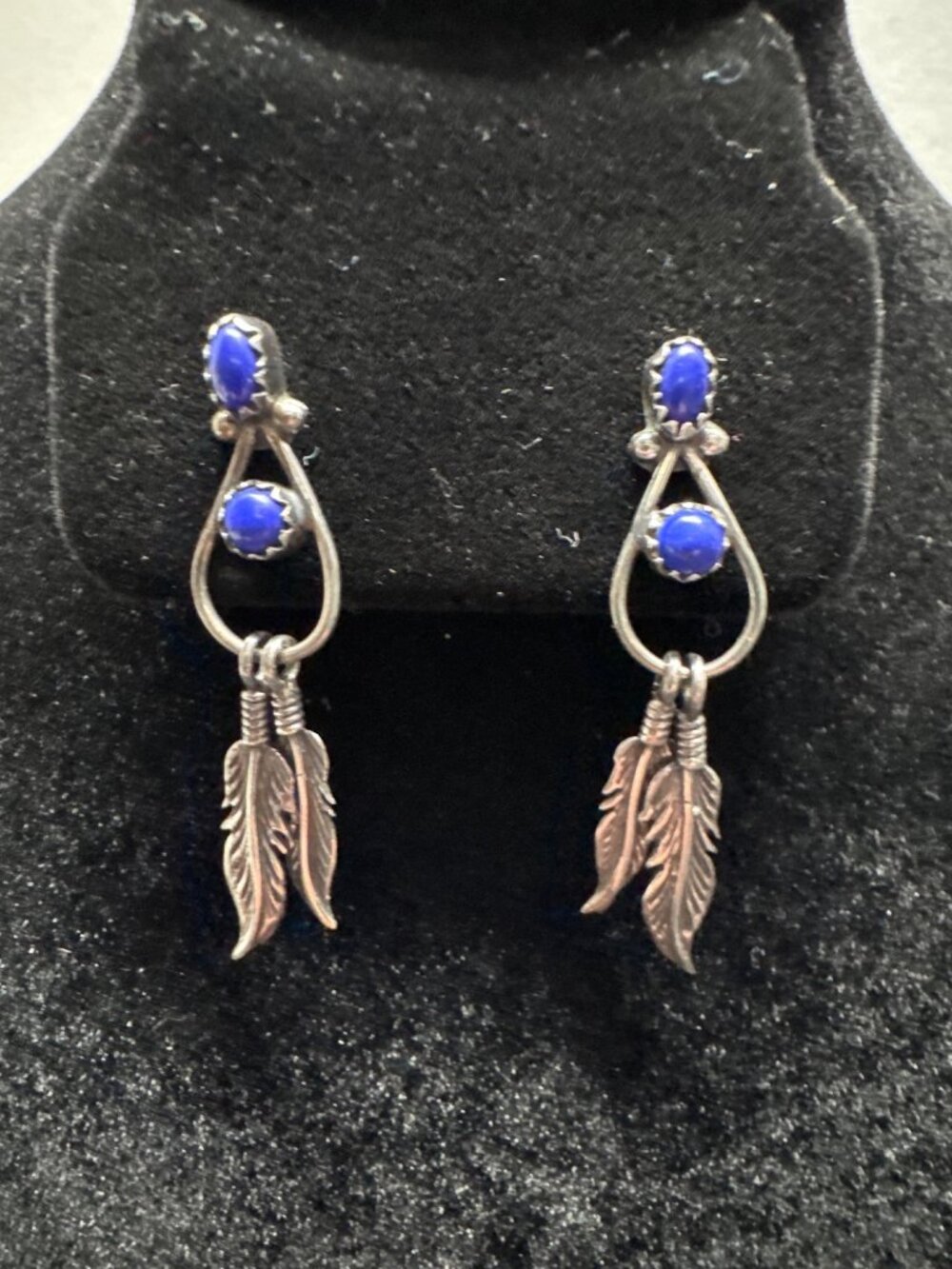 Vintage Sterling Silver Feather Earrings With Blue Cabochon Stones Tribal Boho S